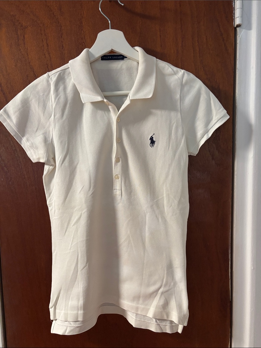 Ralph Lauren Women’s Ivory Button-Down Polo Shirt with Navy Pony